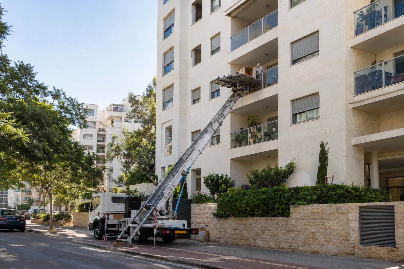 משאית מנוף מגיעה למרפסת בקומה אמצעית